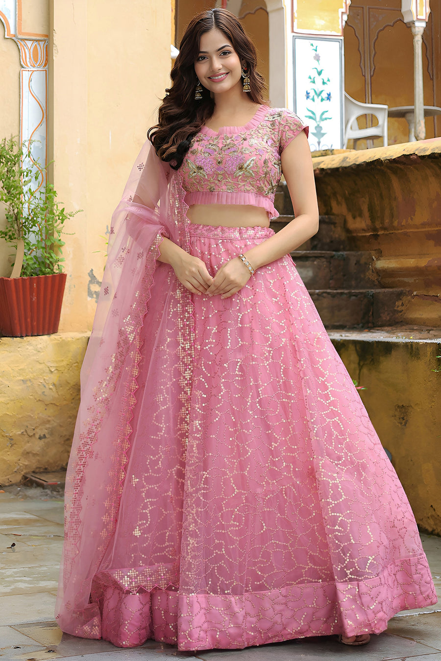 Pink Net Lehenga Choli For Indian & Pakistani Wedding Festival - Resham Embroidery Work, Dori Work, Zari Work, Badla Work