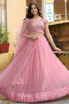 Pink Net Lehenga Choli For Indian & Pakistani Wedding Festival - Resham Embroidery Work, Dori Work, Zari Work, Badla Work