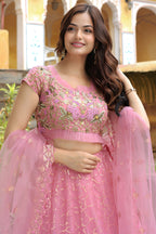 Pink Net Lehenga Choli For Indian & Pakistani Wedding Festival - Resham Embroidery Work, Dori Work, Zari Work, Badla Work