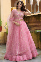 Pink Net Lehenga Choli For Indian & Pakistani Wedding Festival - Resham Embroidery Work, Dori Work, Zari Work, Badla Work