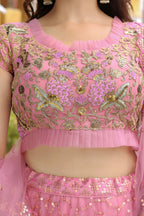Pink Net Lehenga Choli For Indian & Pakistani Wedding Festival - Resham Embroidery Work, Dori Work, Zari Work, Badla Work