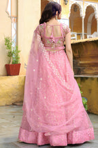 Pink Net Lehenga Choli For Indian & Pakistani Wedding Festival - Resham Embroidery Work, Dori Work, Zari Work, Badla Work