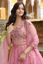 Pink Net Lehenga Choli For Indian & Pakistani Wedding Festival - Resham Embroidery Work, Dori Work, Zari Work, Badla Work