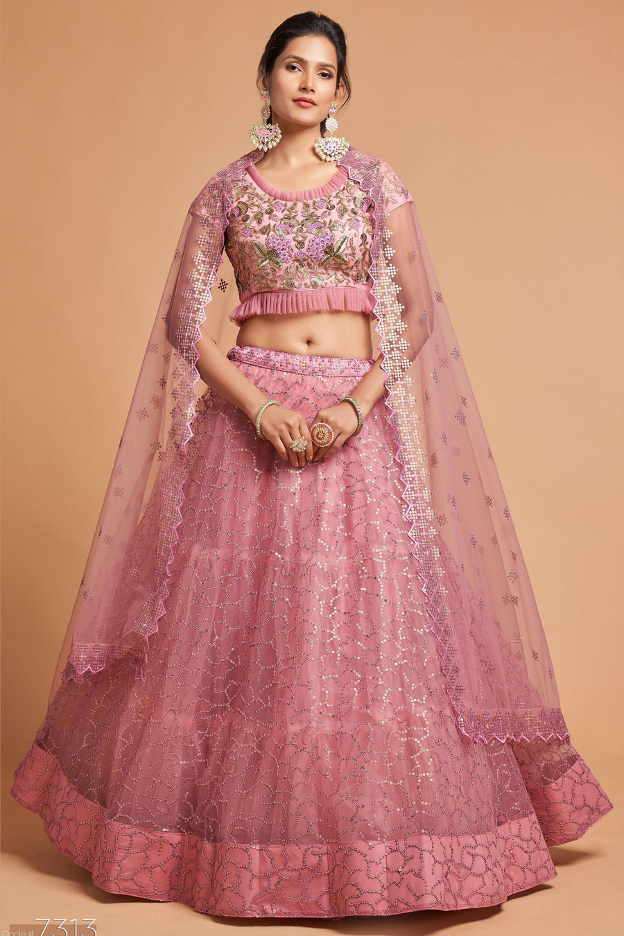 Pink Net Partywear Lehenga Choli For Indian & Pakistani Wedding Festival - Sequins & Thread Embroidery Work, Zari Work, Dori Work