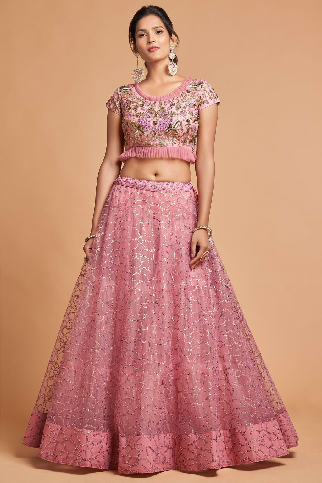 Pink Net Partywear Lehenga Choli For Indian & Pakistani Wedding Festival - Sequins & Thread Embroidery Work, Zari Work, Dori Work
