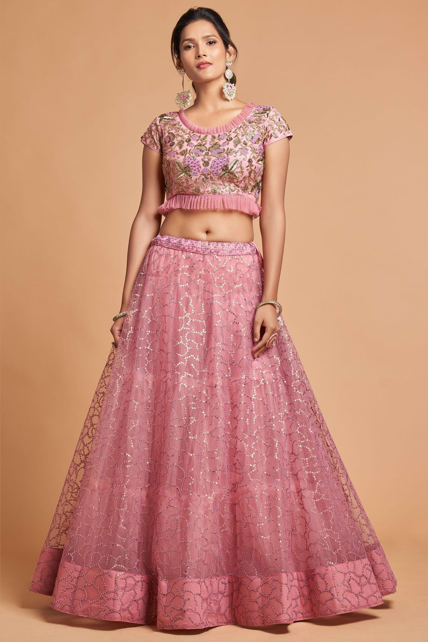 Pink Net Partywear Lehenga Choli For Indian & Pakistani Wedding Festival - Sequins & Thread Embroidery Work, Zari Work, Dori Work