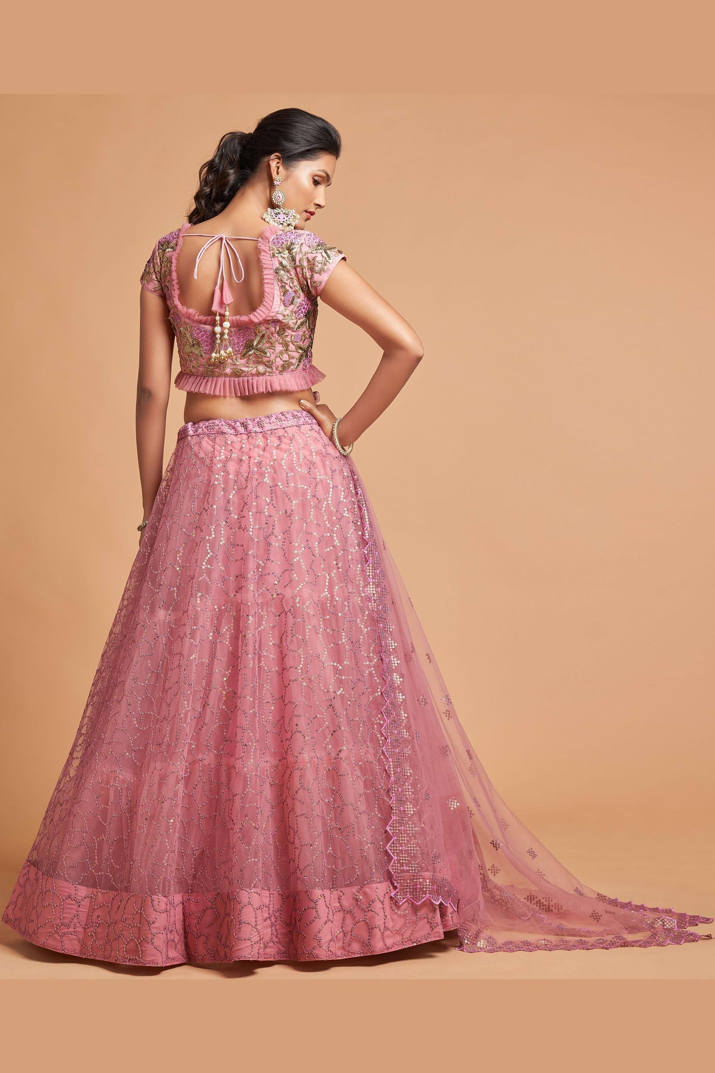 Pink Net Partywear Lehenga Choli For Indian & Pakistani Wedding Festival - Sequins & Thread Embroidery Work, Zari Work, Dori Work