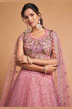 Pink Net Partywear Lehenga Choli For Indian & Pakistani Wedding Festival - Sequins & Thread Embroidery Work, Zari Work, Dori Work