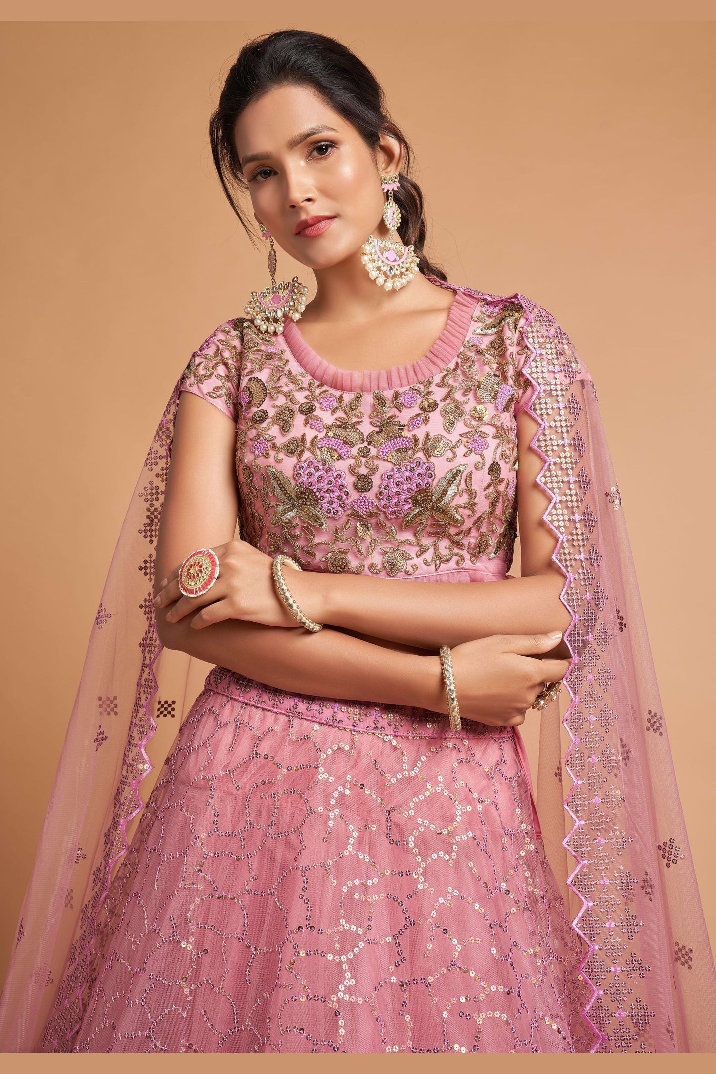 Pink Net Partywear Lehenga Choli For Indian & Pakistani Wedding Festival - Sequins & Thread Embroidery Work, Zari Work, Dori Work