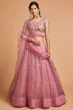 Pink Net Partywear Lehenga Choli For Indian & Pakistani Wedding Festival - Sequins & Thread Embroidery Work, Zari Work, Dori Work
