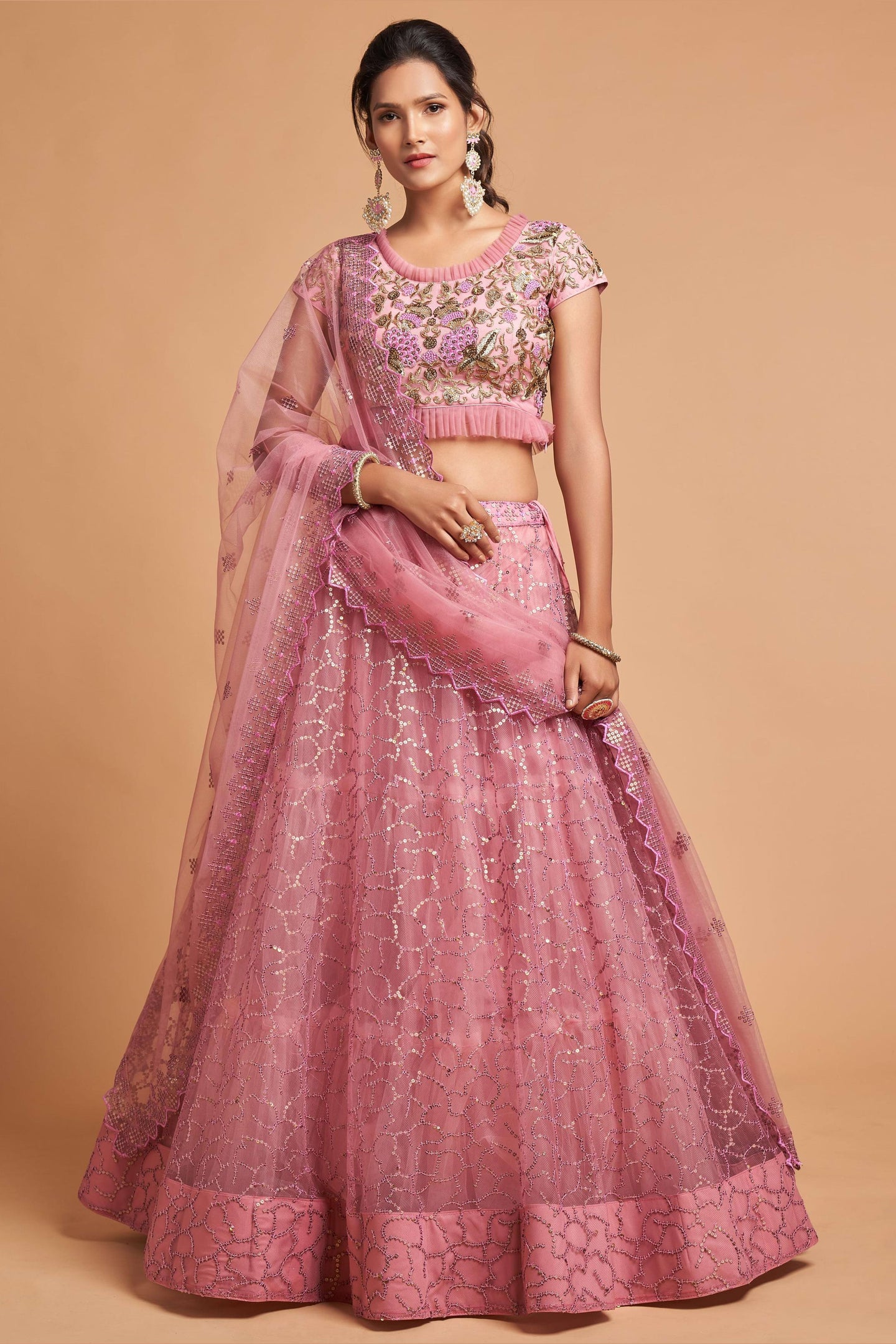 Pink Net Partywear Lehenga Choli For Indian & Pakistani Wedding Festival - Sequins & Thread Embroidery Work, Zari Work, Dori Work
