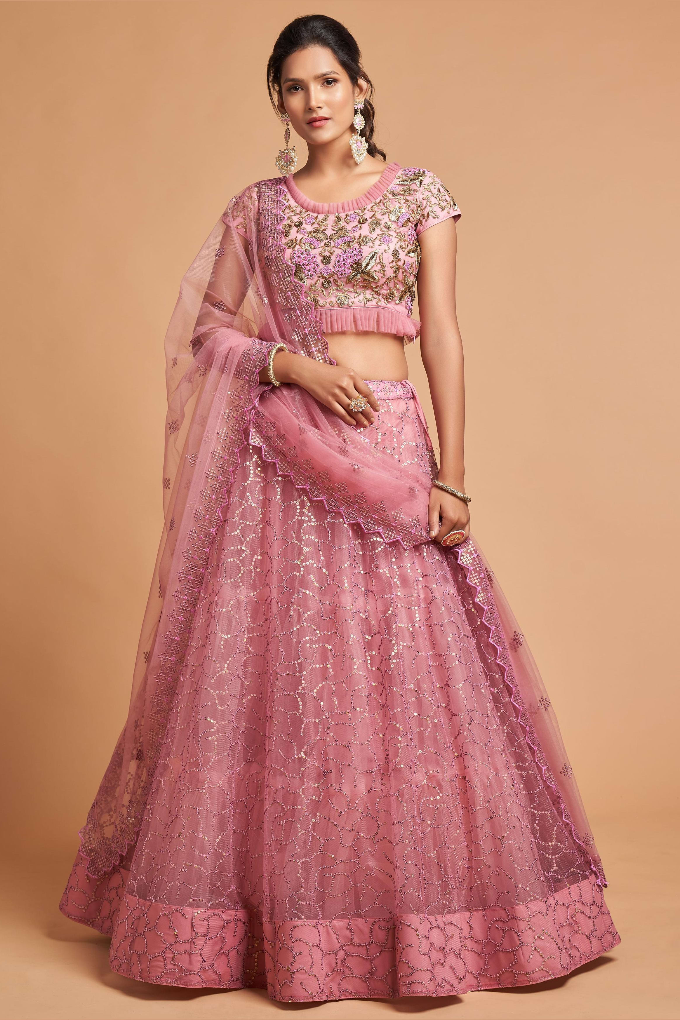 Pink Net Partywear Lehenga Choli For Indian & Pakistani Wedding Festival - Sequins & Thread Embroidery Work, Zari Work, Dori Work