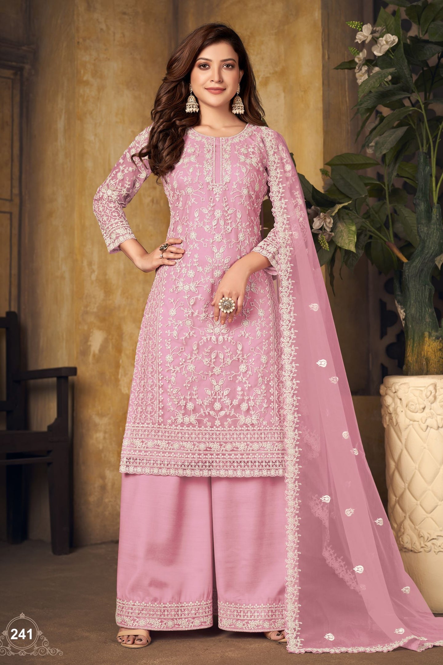 Pink Net Plazo Sangeet Outfits for Women with Thread Embroidery