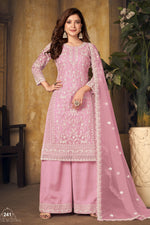 Pink Net Plazo Sangeet Outfits for Women with Thread Embroidery