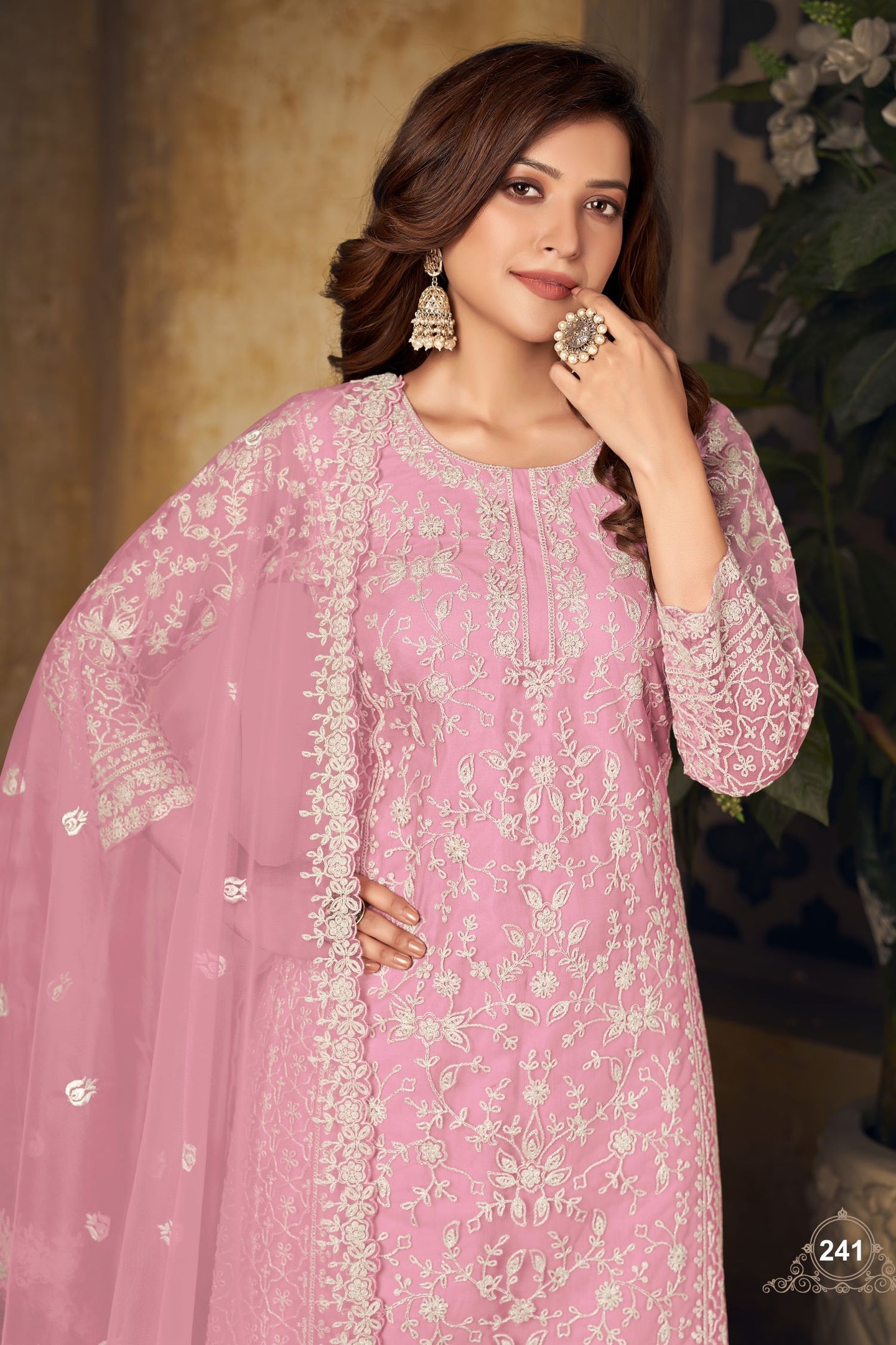 Pink Net Plazo Sangeet Outfits for Women with Thread Embroidery