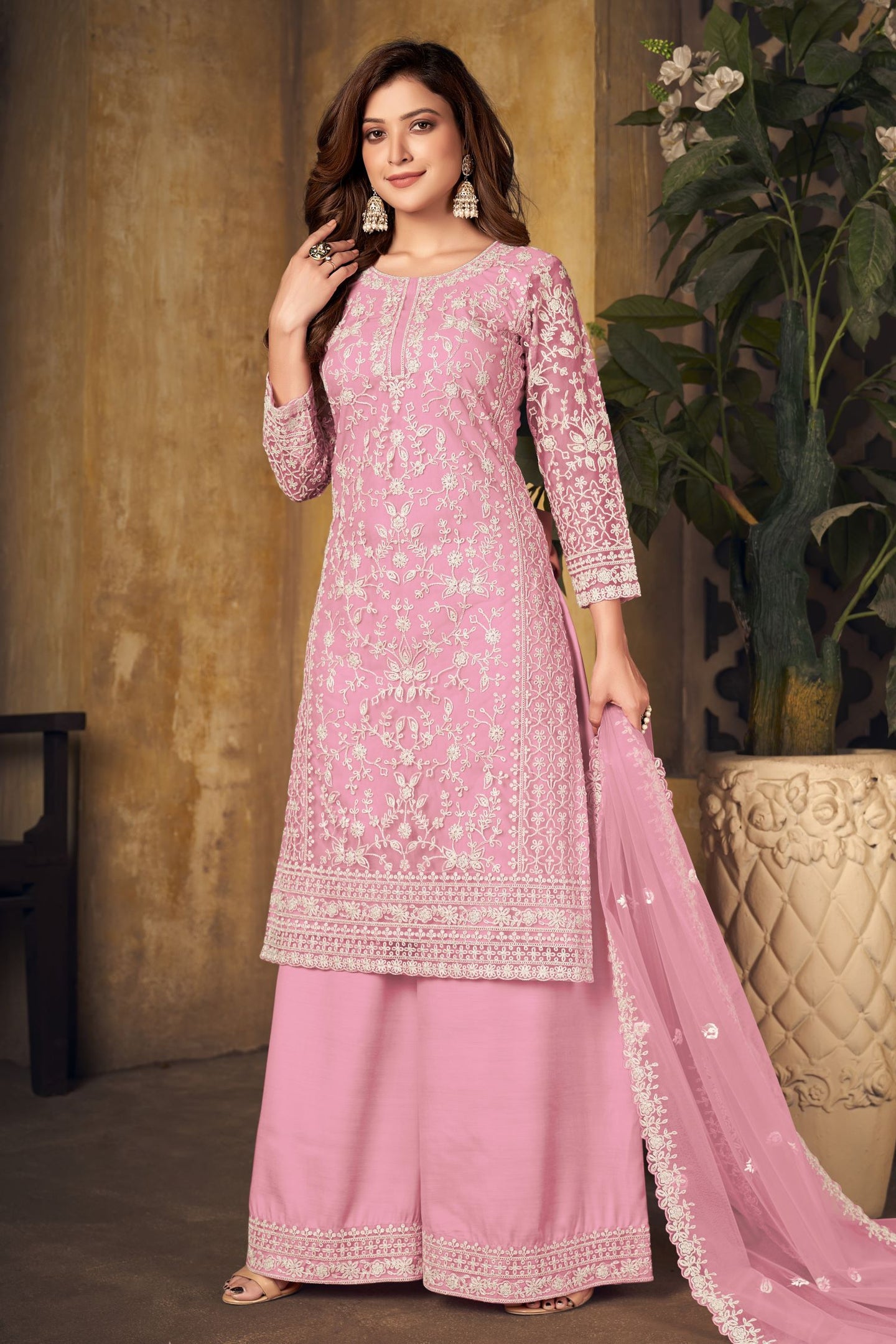 Pink Net Plazo Sangeet Outfits for Women with Thread Embroidery