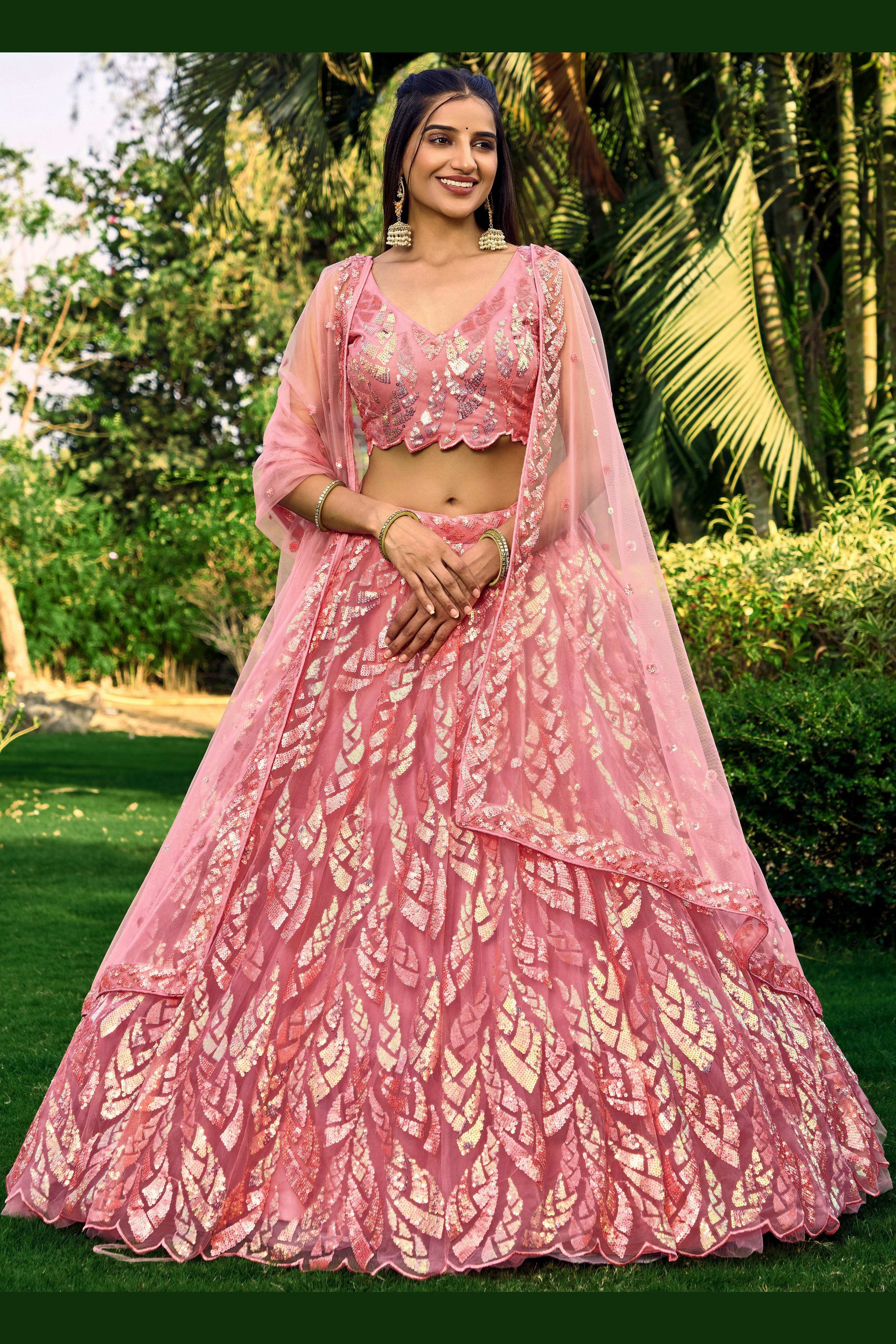 Pink Net Reception Lehenga Choli For Indian & Pakistani Wedding Festival - Sequins & Thread Embroidery Work