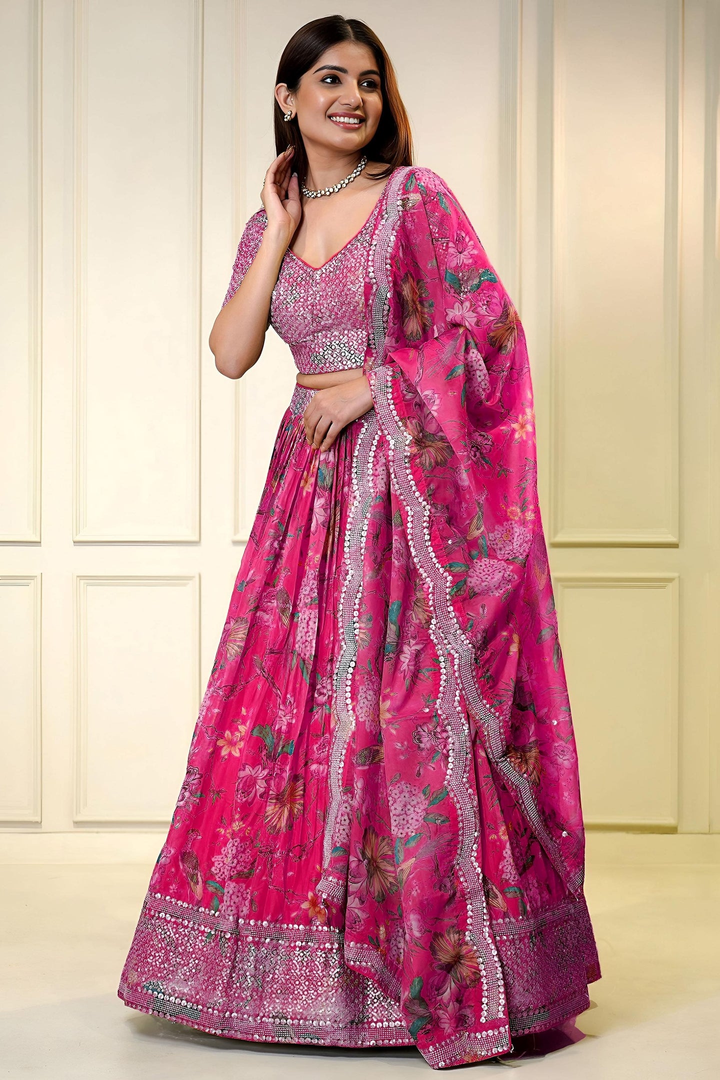 Pink Organza Silk Flower Printed Lehenga Choli For Indian & Pakistani Wedding Festival - Sequins & Thread Embroidery Work, Zari Work, Print Work