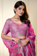 Pink Organza Silk Flower Printed Lehenga Choli For Indian & Pakistani Wedding Festival - Sequins & Thread Embroidery Work, Zari Work, Print Work