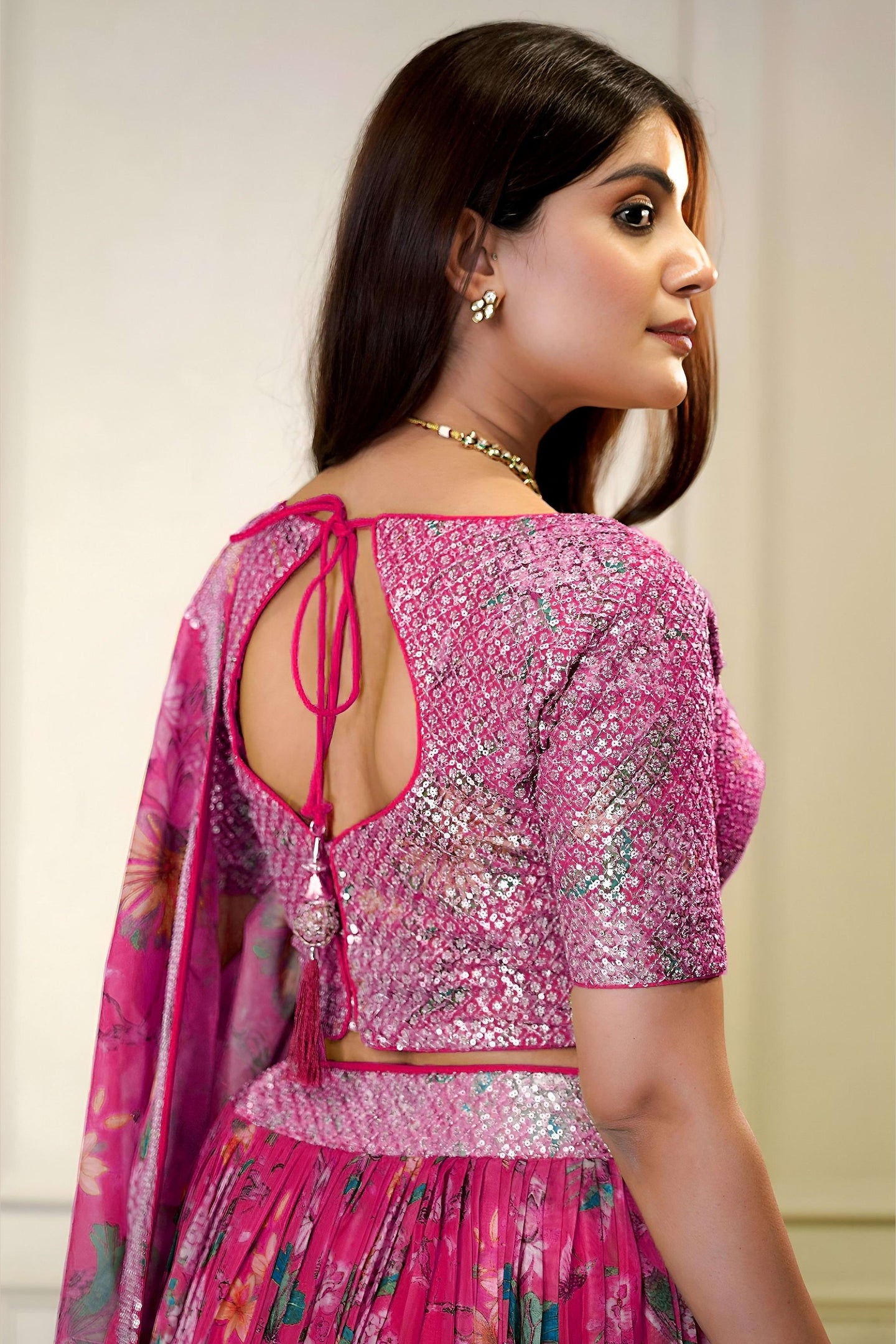 Pink Organza Silk Flower Printed Lehenga Choli For Indian & Pakistani Wedding Festival - Sequins & Thread Embroidery Work, Zari Work, Print Work