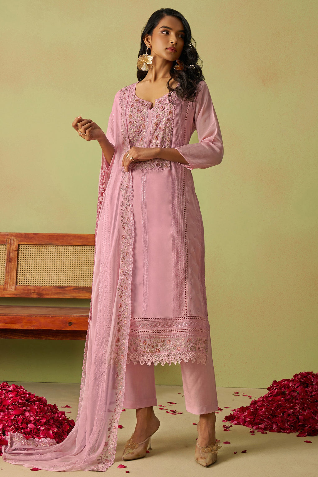 Pink Organza Silk Kameez With Pant For Indian & Pakistani Wedding Festival - Thread Embroidery Work, Moti Work, Hand Work