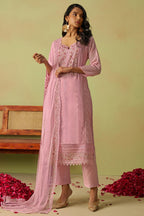 Pink Organza Silk Kameez With Pant For Indian & Pakistani Wedding Festival - Thread Embroidery Work, Moti Work, Hand Work