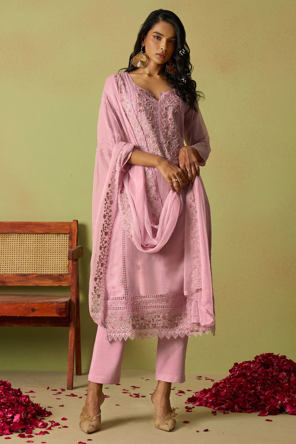 Pink Organza Silk Kameez With Pant For Indian & Pakistani Wedding Festival - Thread Embroidery Work, Moti Work, Hand Work