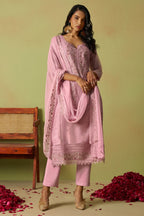 Pink Organza Silk Kameez With Pant For Indian & Pakistani Wedding Festival - Thread Embroidery Work, Moti Work, Hand Work