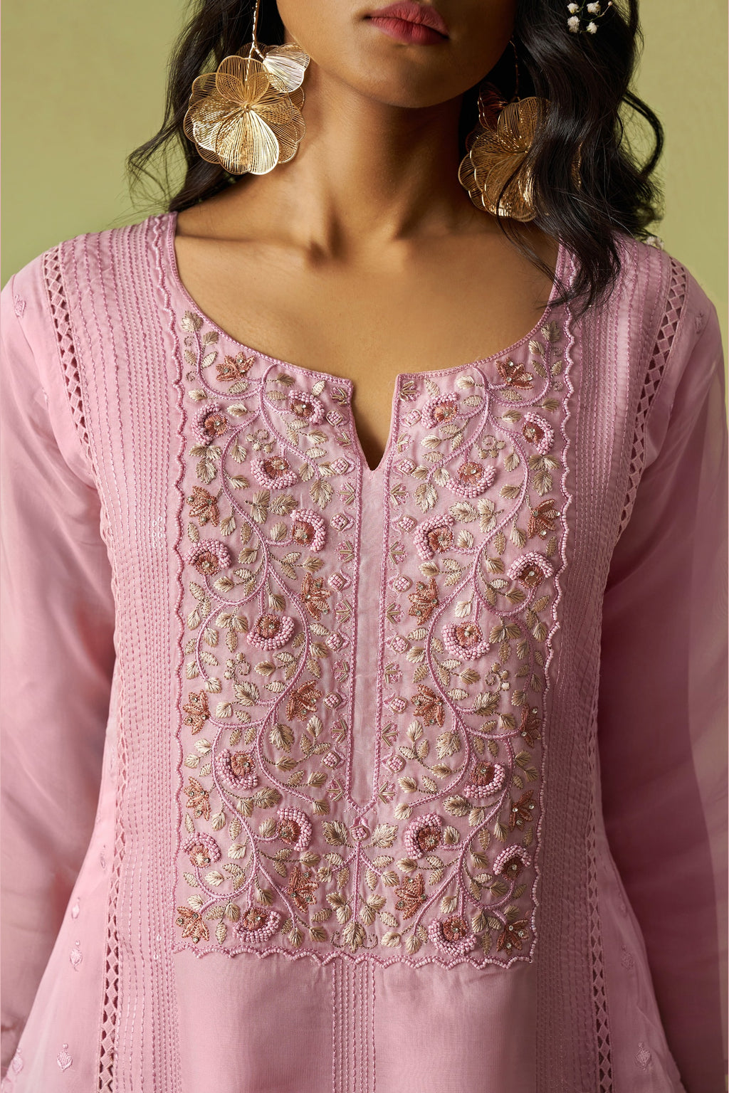 Pink Organza Silk Kameez With Pant For Indian & Pakistani Wedding Festival - Thread Embroidery Work, Moti Work, Hand Work