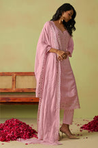 Pink Organza Silk Kameez With Pant For Indian & Pakistani Wedding Festival - Thread Embroidery Work, Moti Work, Hand Work