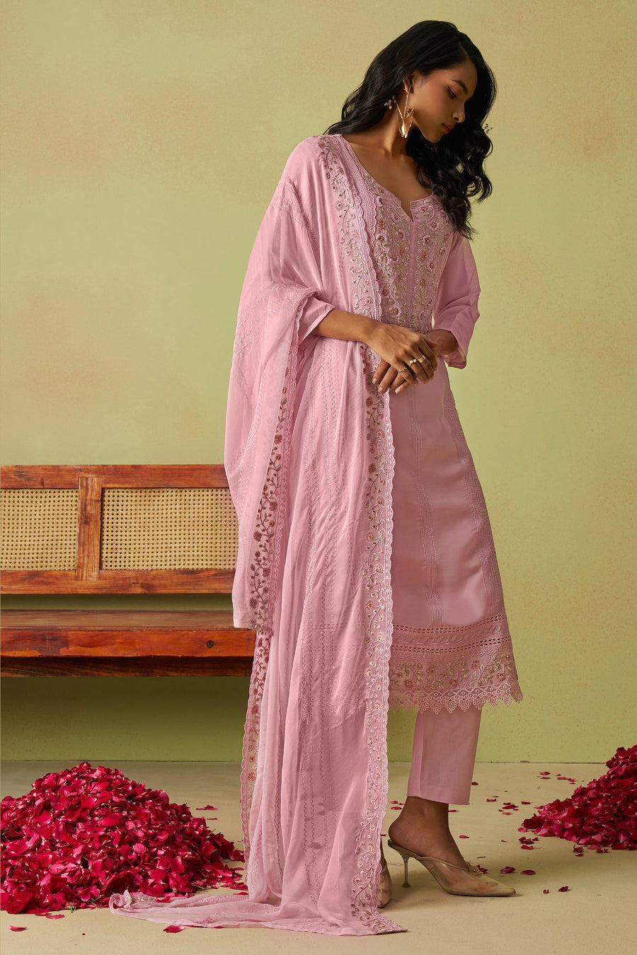 Pink Organza Silk Kameez With Pant For Indian & Pakistani Wedding Festival - Thread Embroidery Work, Moti Work, Hand Work