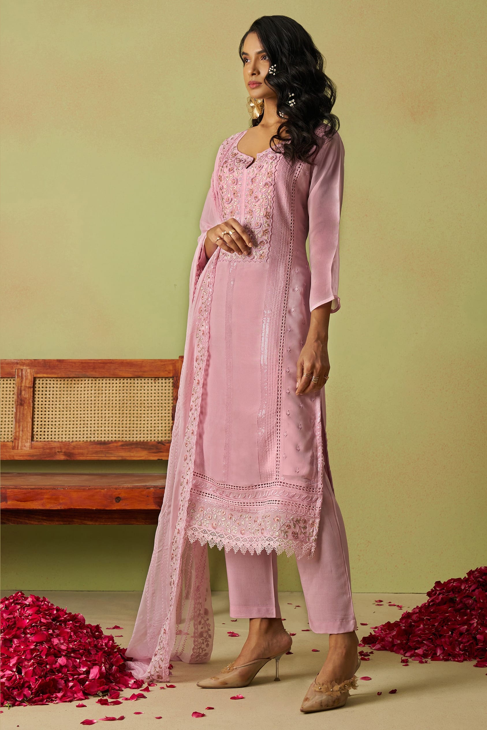 Pink Organza Silk Kameez With Pant For Indian & Pakistani Wedding Festival - Thread Embroidery Work, Moti Work, Hand Work