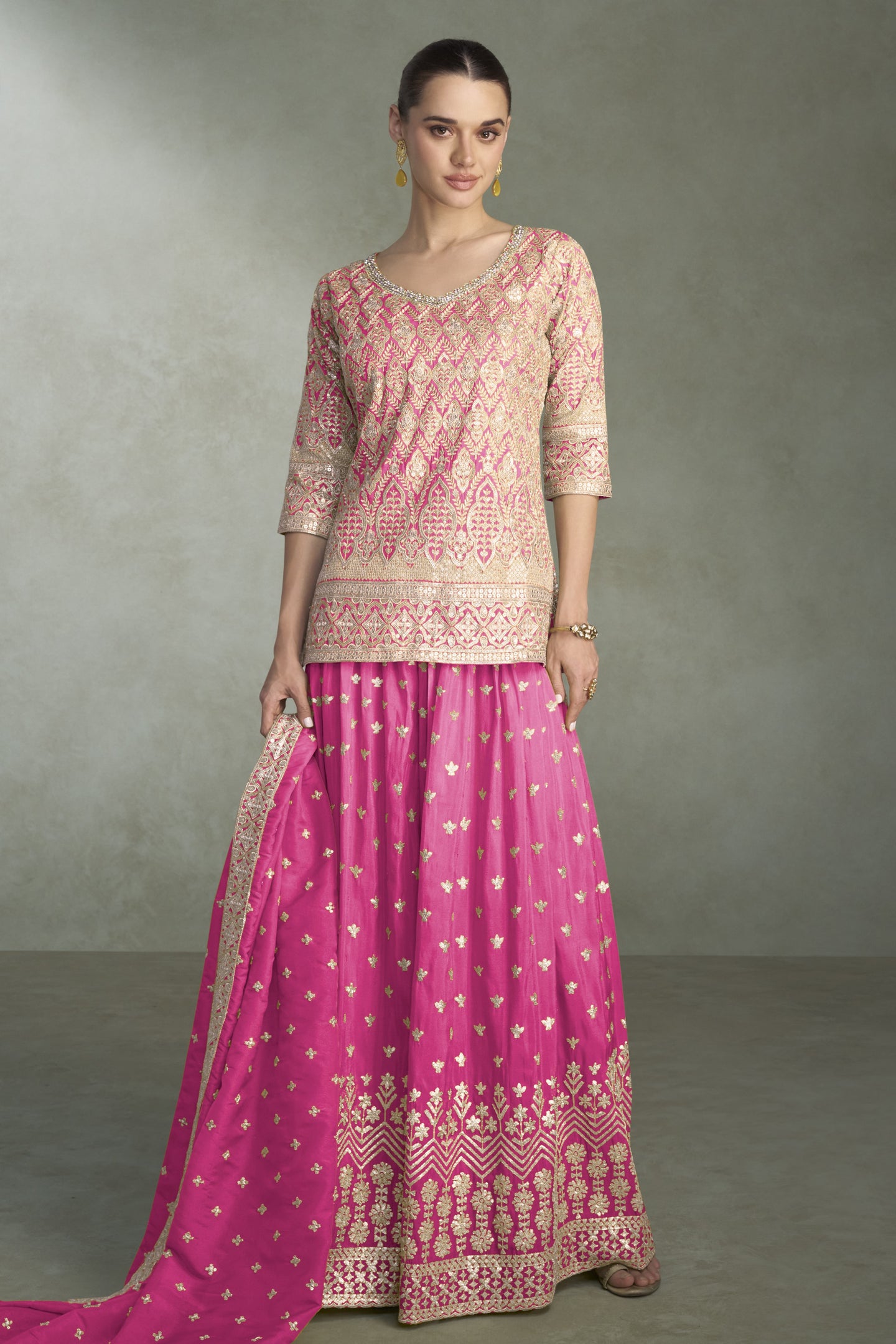 Pink Simmer Silk Plazo Suit Design for Wedding with Embroidery Work