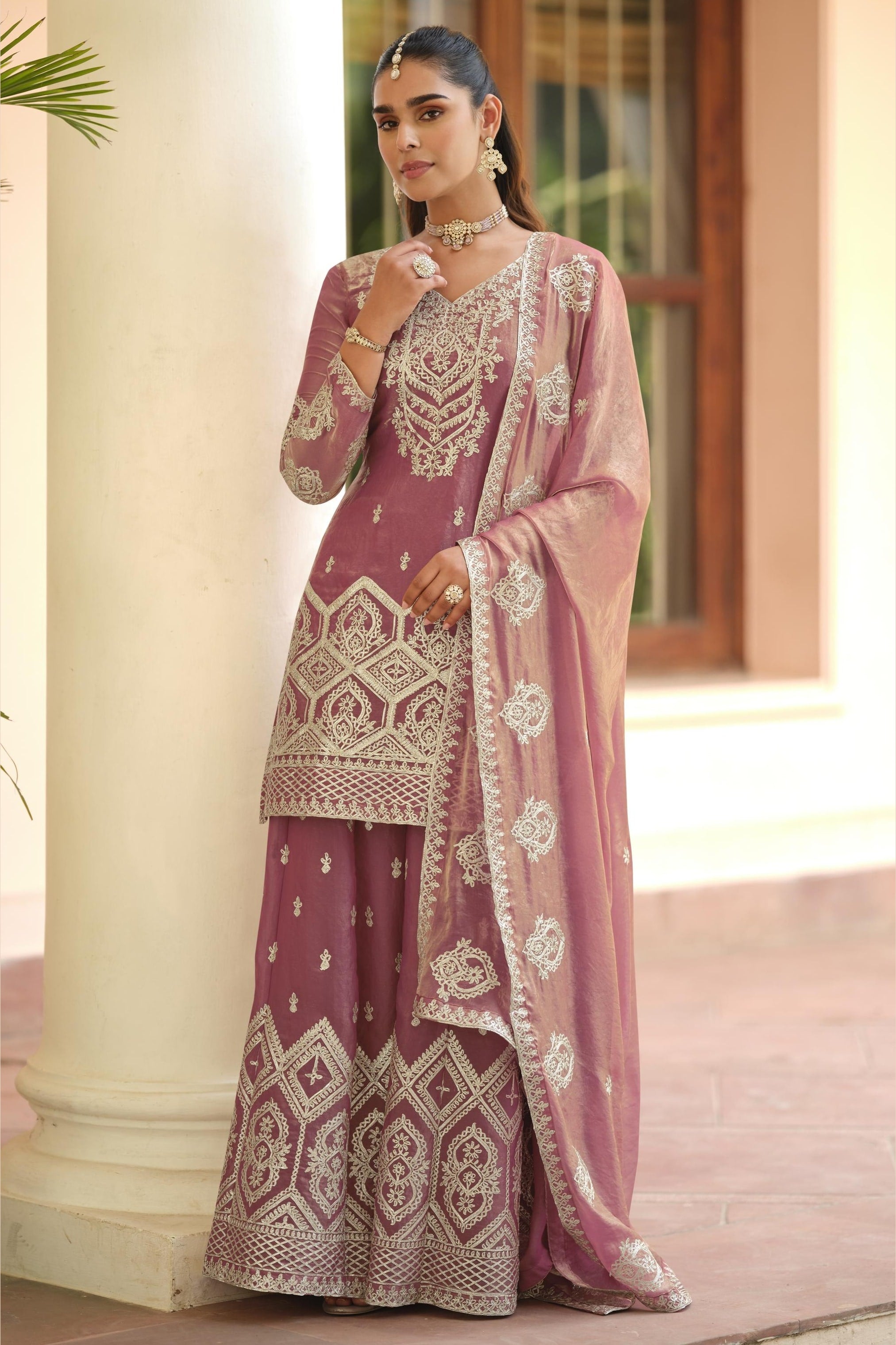 Pink Premium Tora Silk Palazzo Suit For Indian & Pakistani Wedding Festival - Patti Work