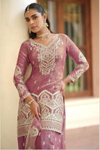 Pink Premium Tora Silk Palazzo Suit For Indian & Pakistani Wedding Festival - Patti Work