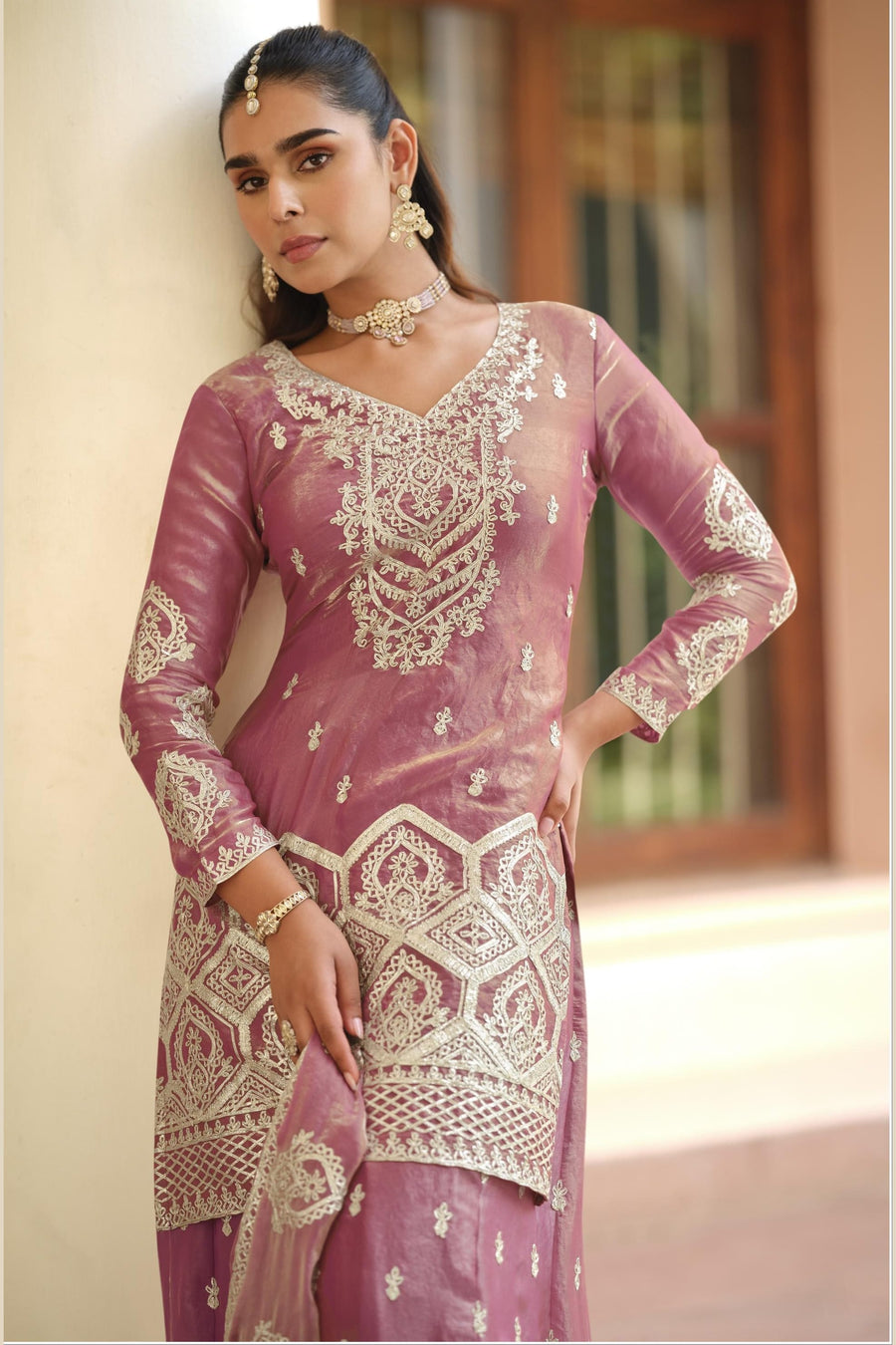 Pink Premium Tora Silk Palazzo Suit For Indian & Pakistani Wedding Festival - Patti Work