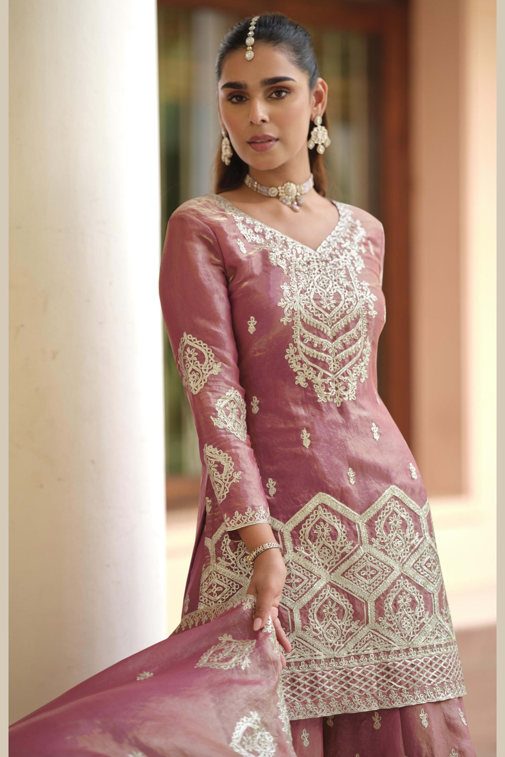 Pink Premium Tora Silk Palazzo Suit For Indian & Pakistani Wedding Festival - Patti Work