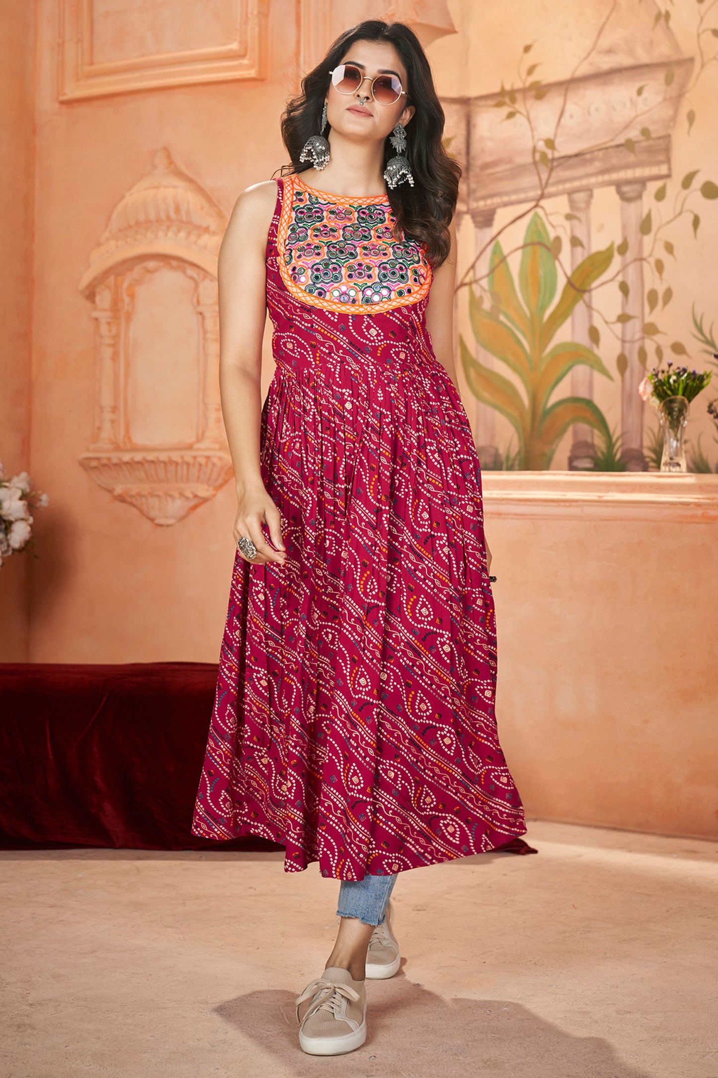 Pink Rayon Kurti For Navratri Garba Festivals JEANS NOT INCLUDED - Embroidery Work, Print Work