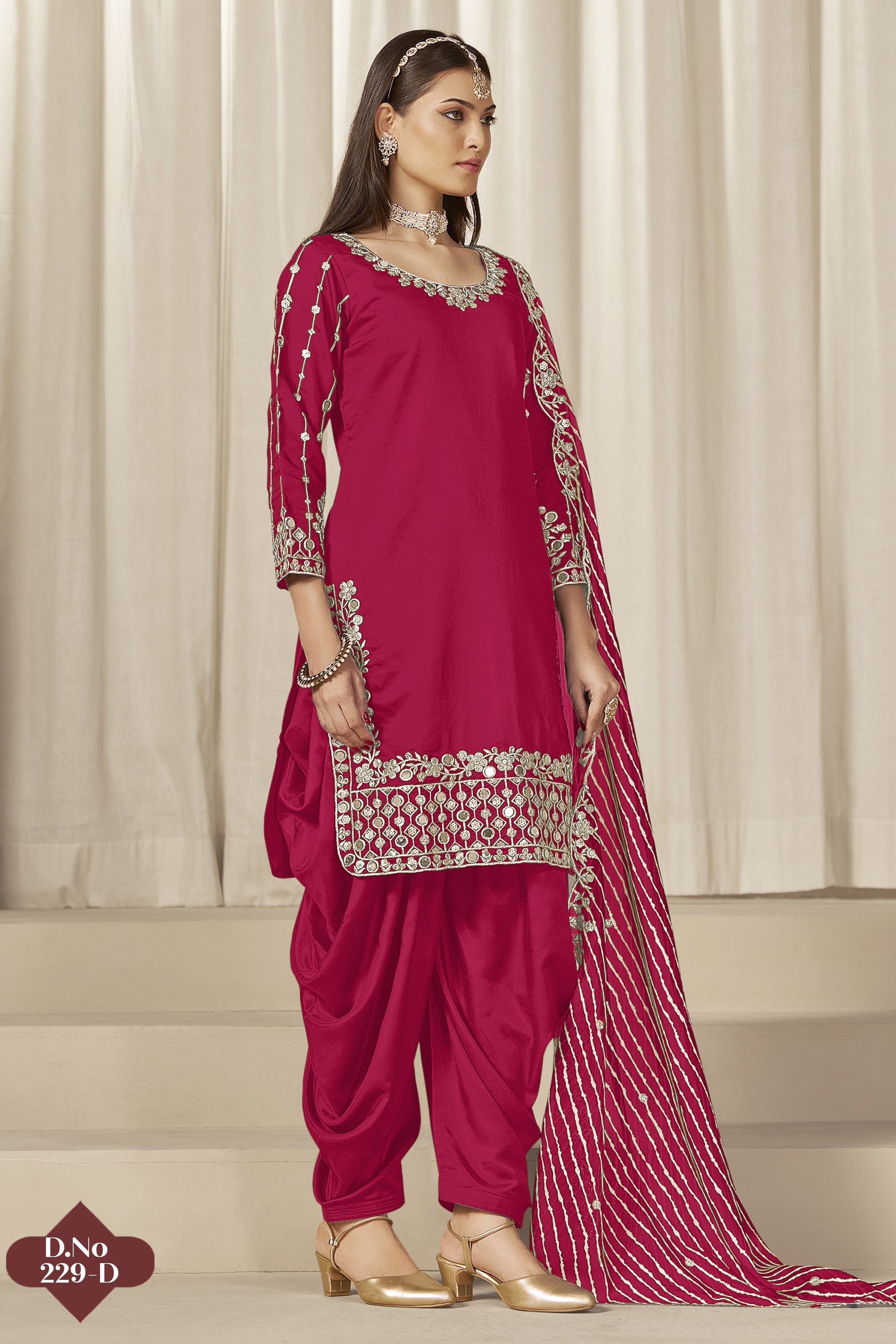 Pink Roman Silk Kameez With Patiyala Suit For Indian & Pakistani Wedding Festival - Thread & Sequence Embroidery Work, Real Mirror Work