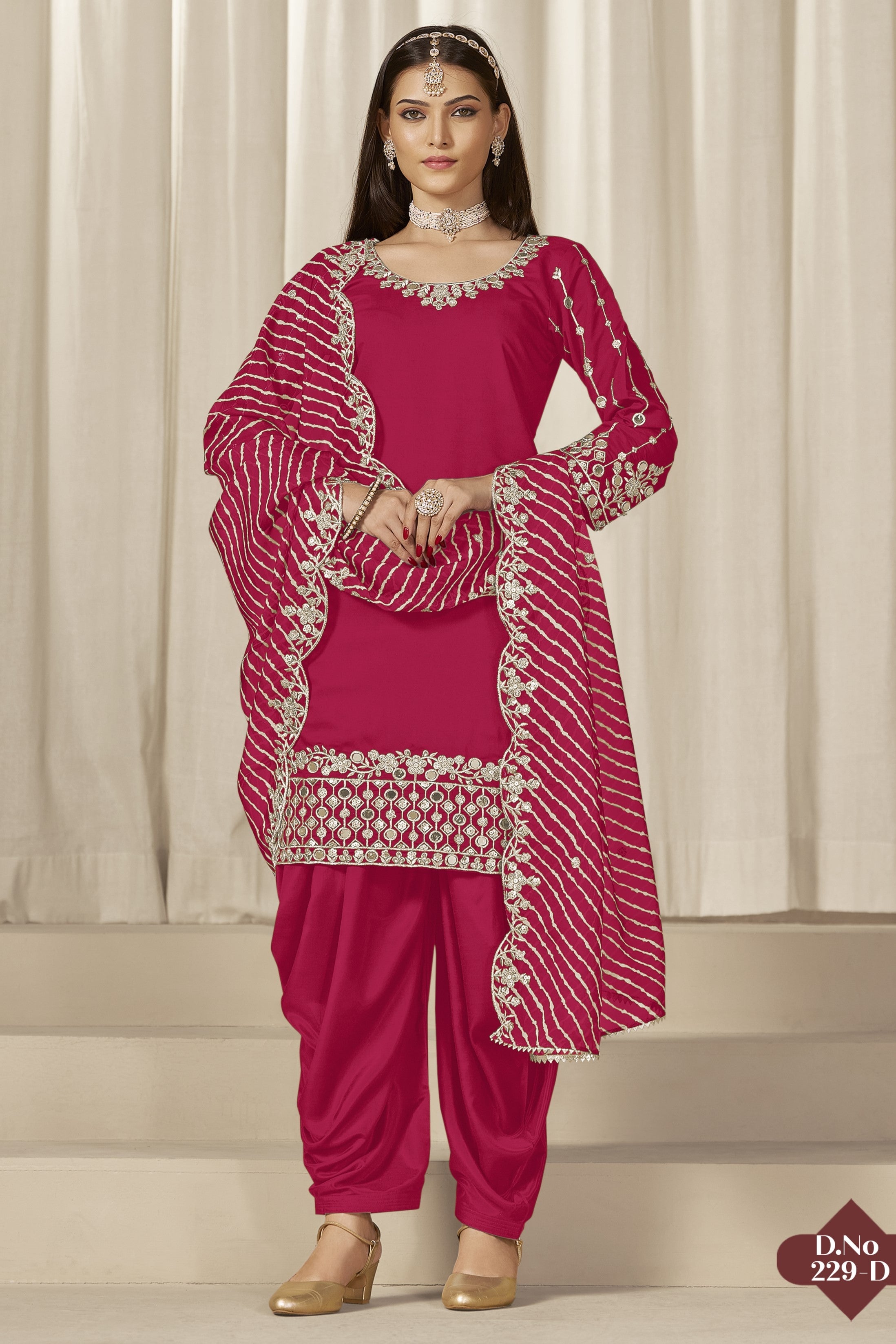 Pink Roman Silk Kameez With Patiyala Suit For Indian & Pakistani Wedding Festival - Thread & Sequence Embroidery Work, Real Mirror Work