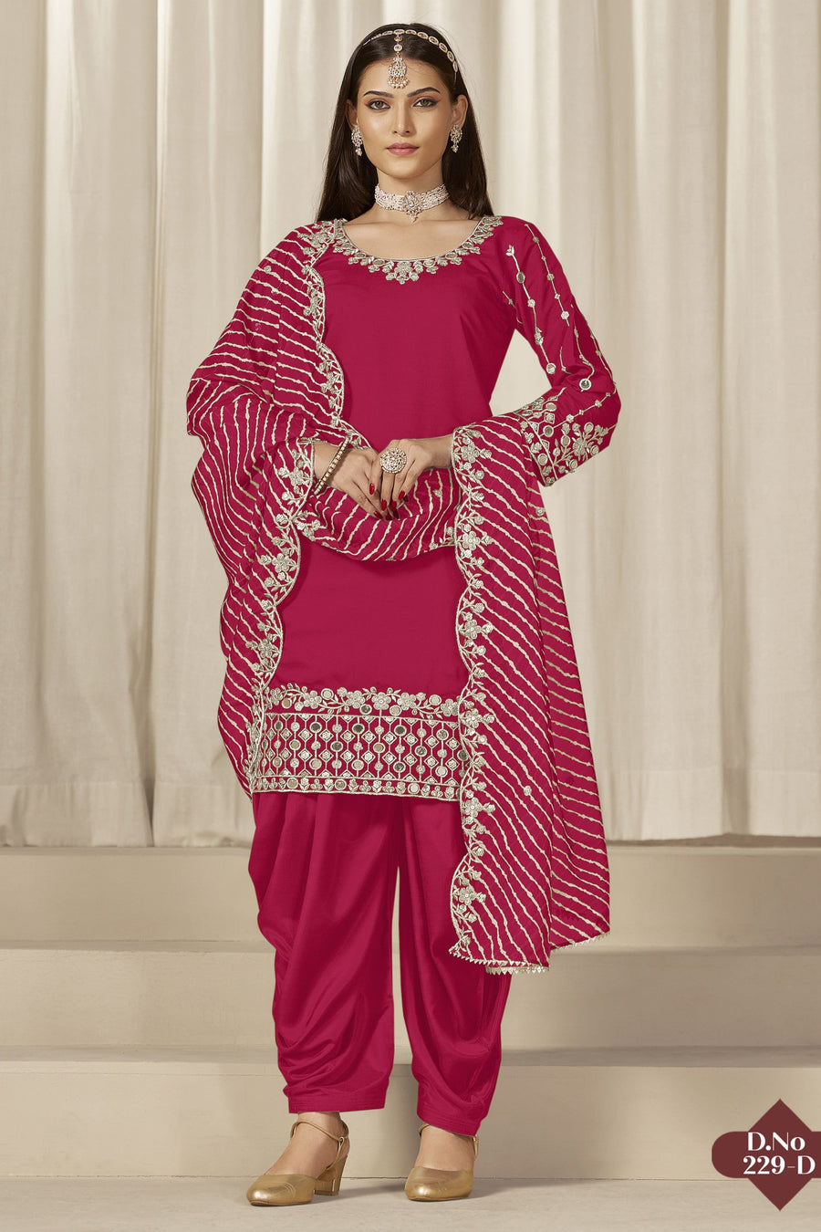 Pink Roman Silk Kameez With Patiyala Suit For Indian & Pakistani Wedding Festival - Thread & Sequence Embroidery Work, Real Mirror Work