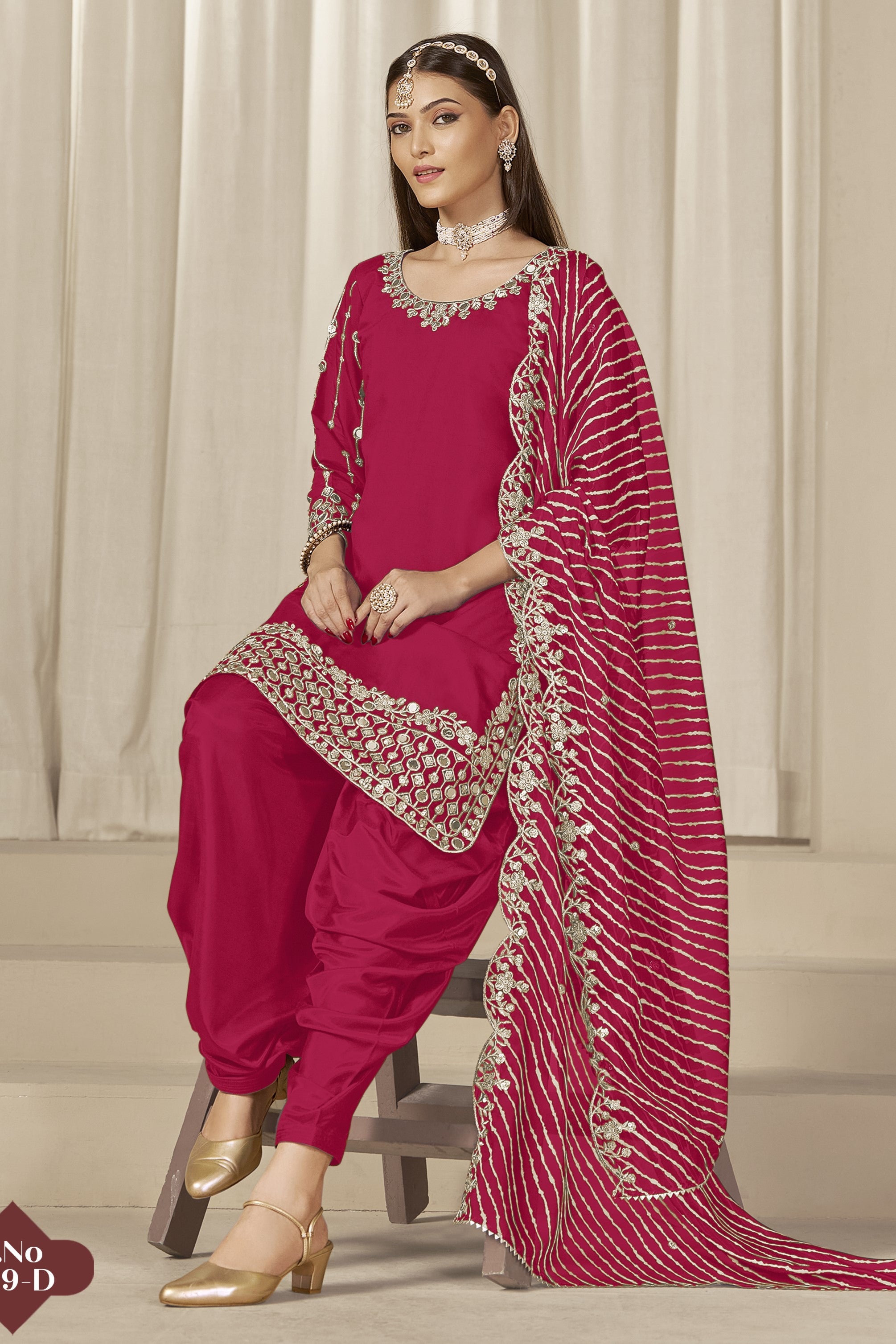Pink Roman Silk Kameez With Patiyala Suit For Indian & Pakistani Wedding Festival - Thread & Sequence Embroidery Work, Real Mirror Work