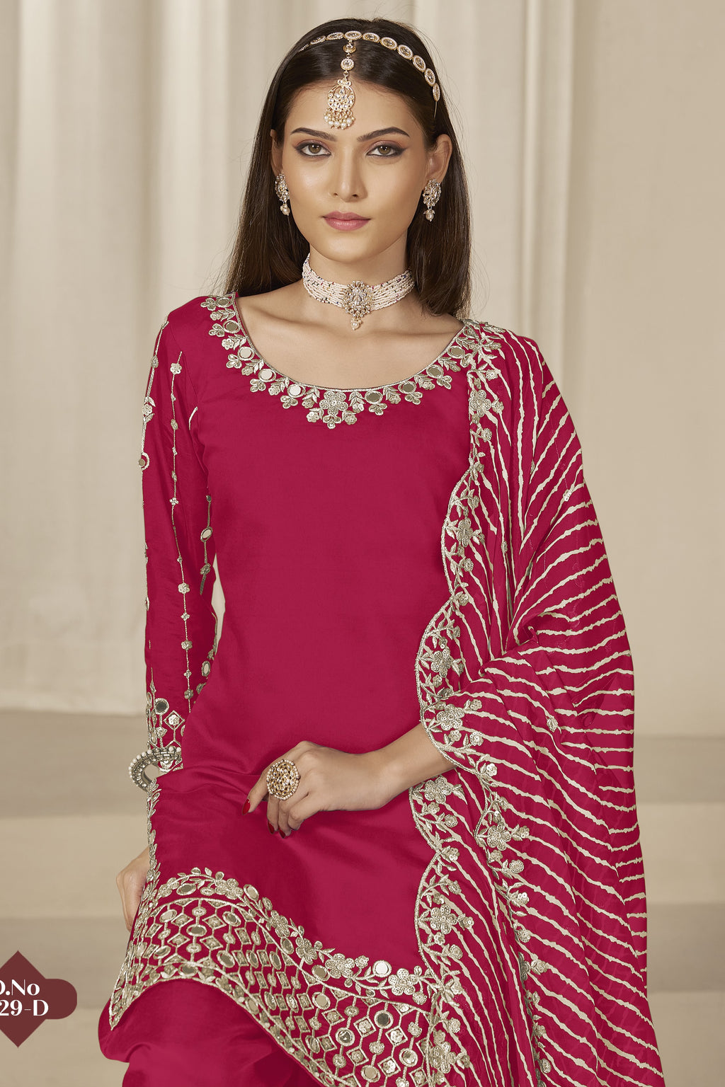 Pink Roman Silk Kameez With Patiyala Suit For Indian & Pakistani Wedding Festival - Thread & Sequence Embroidery Work, Real Mirror Work