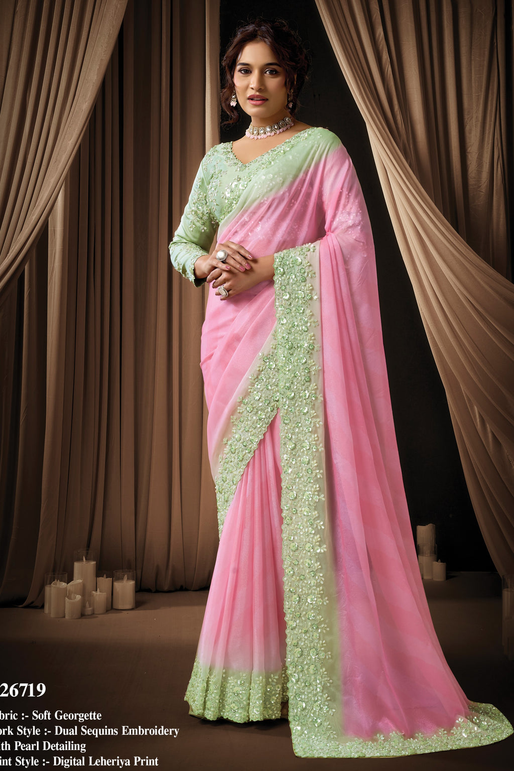 Pink Satin Sequins & Pearl Handwork Saree for Wedding Guest