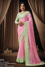 Pink Satin Sequins & Pearl Handwork Saree for Wedding Guest