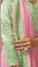 Pink Satin Sequins & Pearl Handwork Saree for Wedding Guest