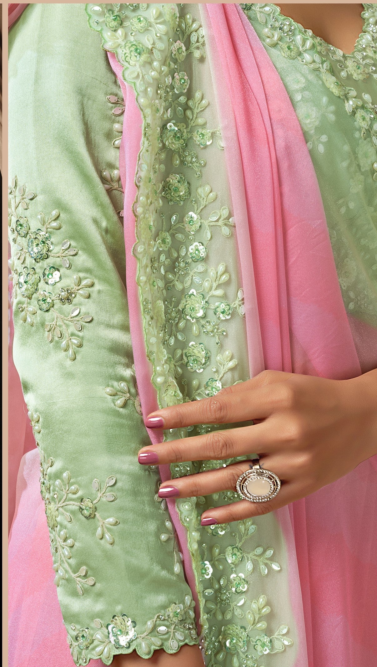 Pink Satin Sequins & Pearl Handwork Saree for Wedding Guest