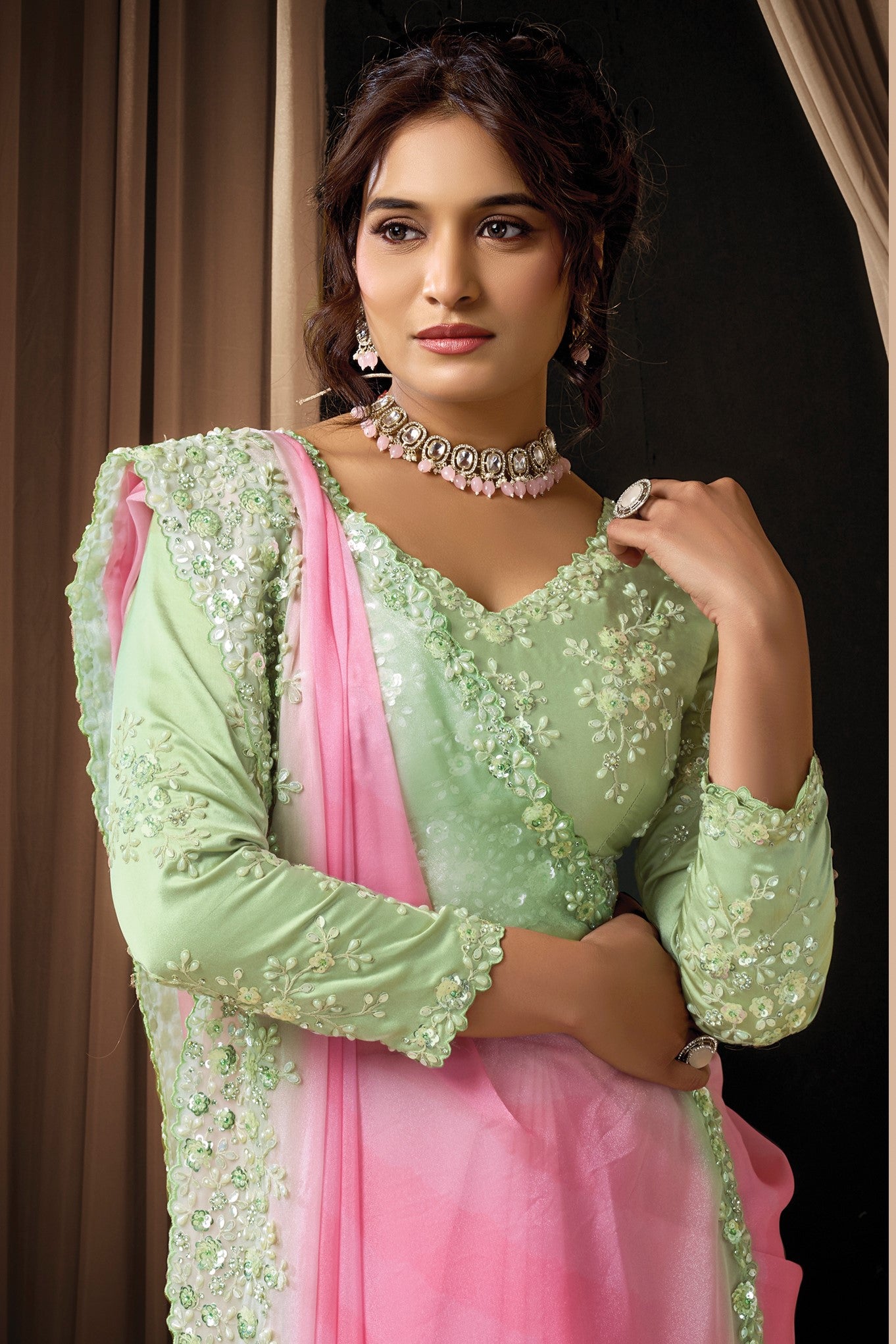 Pink Satin Sequins & Pearl Handwork Saree for Wedding Guest