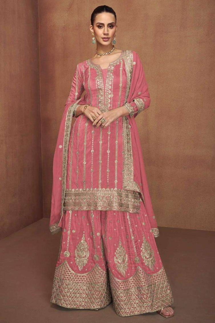 Pink Shimmer Silk Plazo Suit For Indian & Pakistani Wedding Festival - Embroidery Work