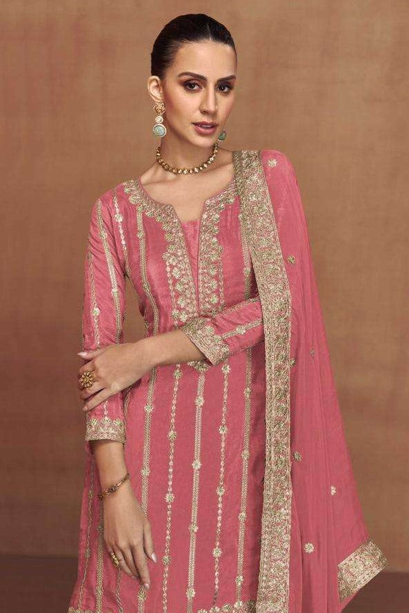 Pink Shimmer Silk Plazo Suit For Indian & Pakistani Wedding Festival - Embroidery Work